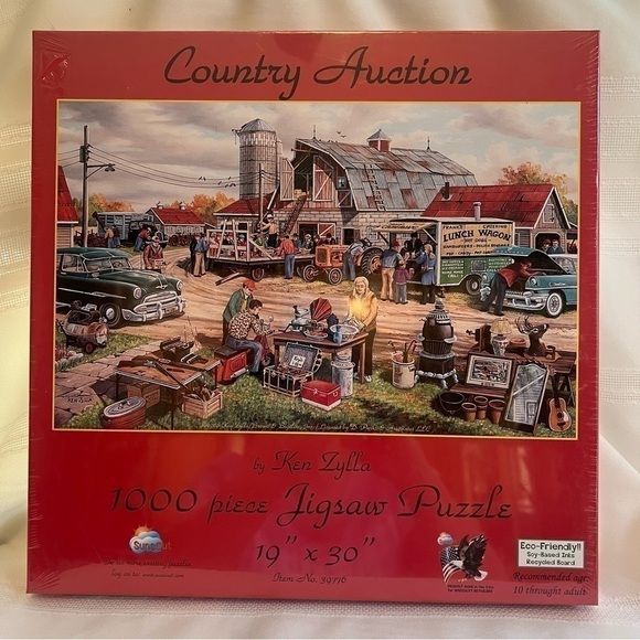 Jigsaw Puzzle Country Auction 1000 Pc Panorama by‎ SunsOut 19” X 39” NEW SEALED - Picture 1 of 6